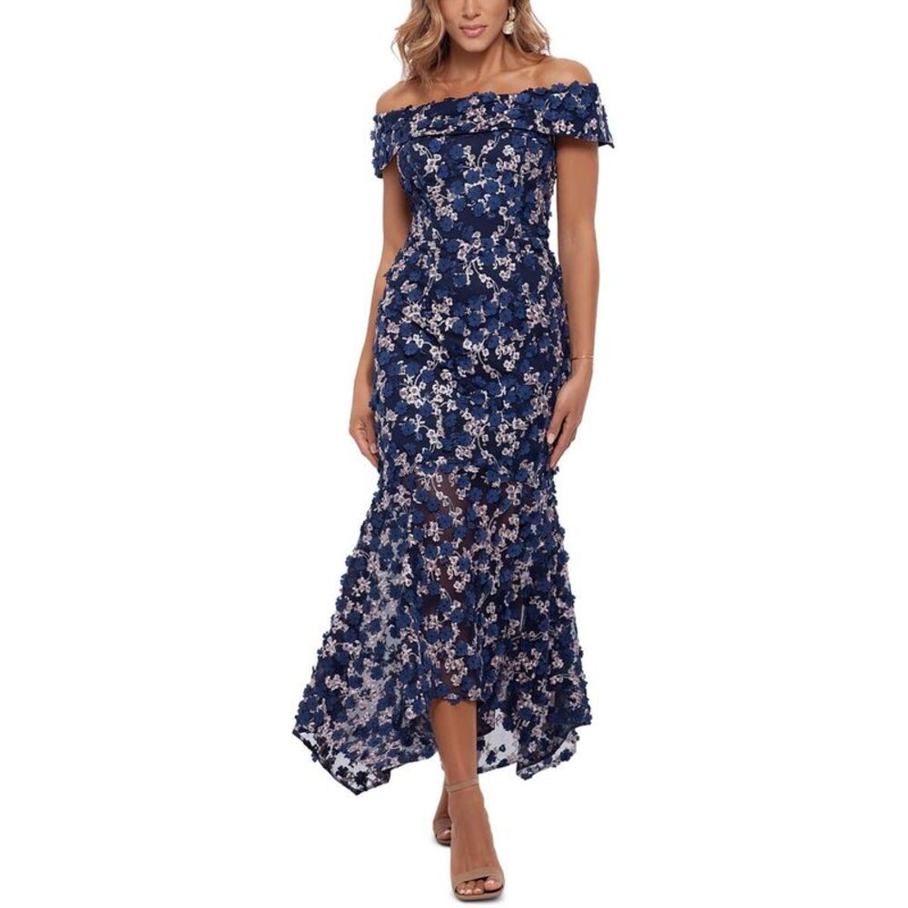 Xscape Womens Blue Floral Print Polyester Evening Dress Gown NWOT